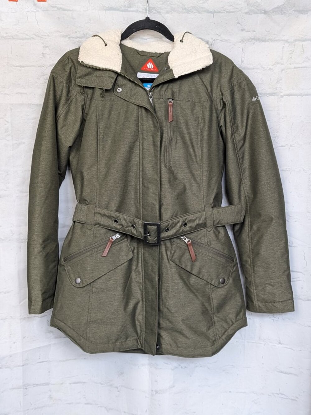 Columbia Omni-Heat Belted Winter Jacket with Faux Fur Hood Size Small Moss Green - Picture 2 of 9